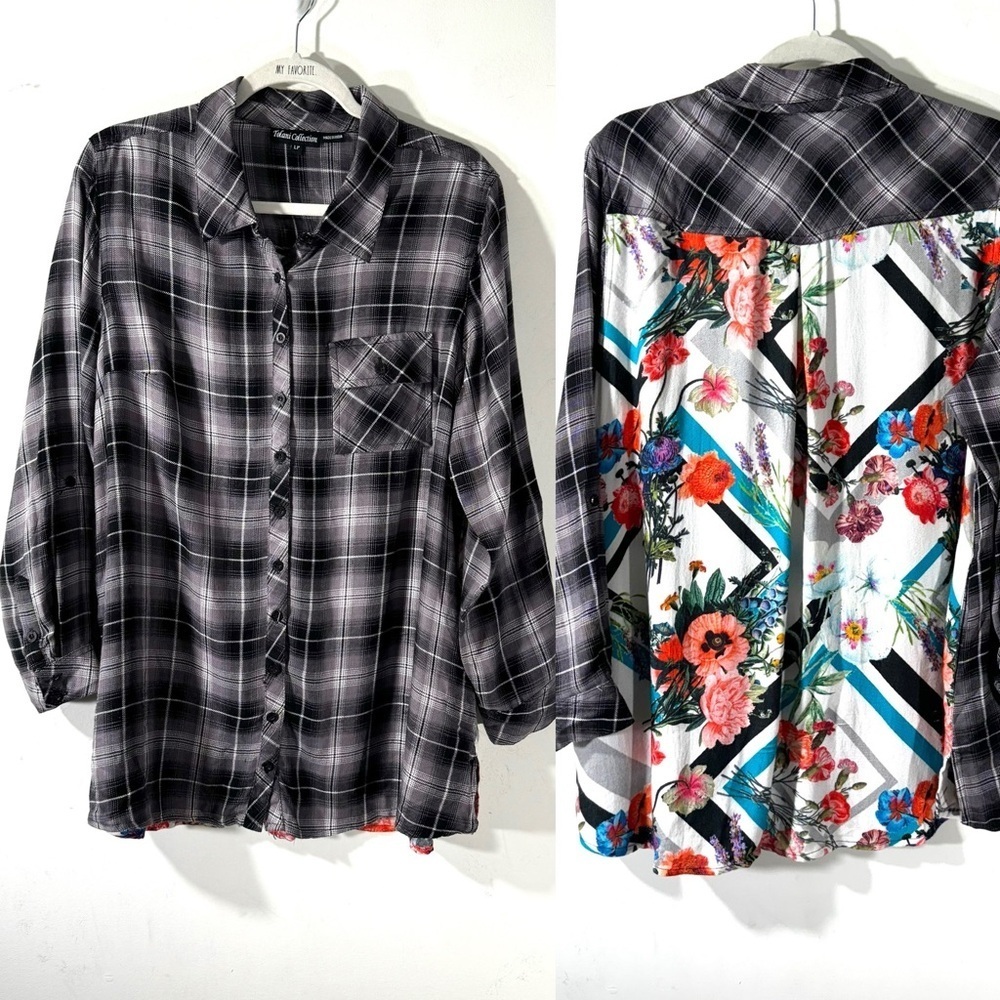 Tolani Collection Plaid Tunic with Floral Print Back